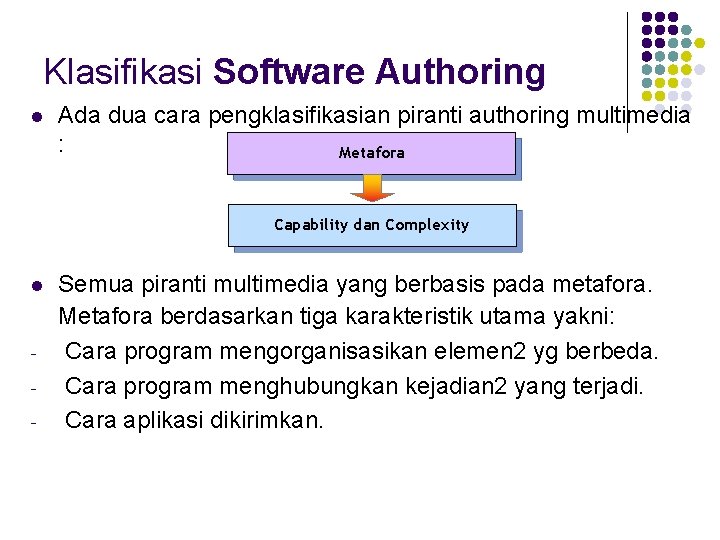 Klasifikasi Software Authoring l Ada dua cara pengklasifikasian piranti authoring multimedia : Metafora Capability