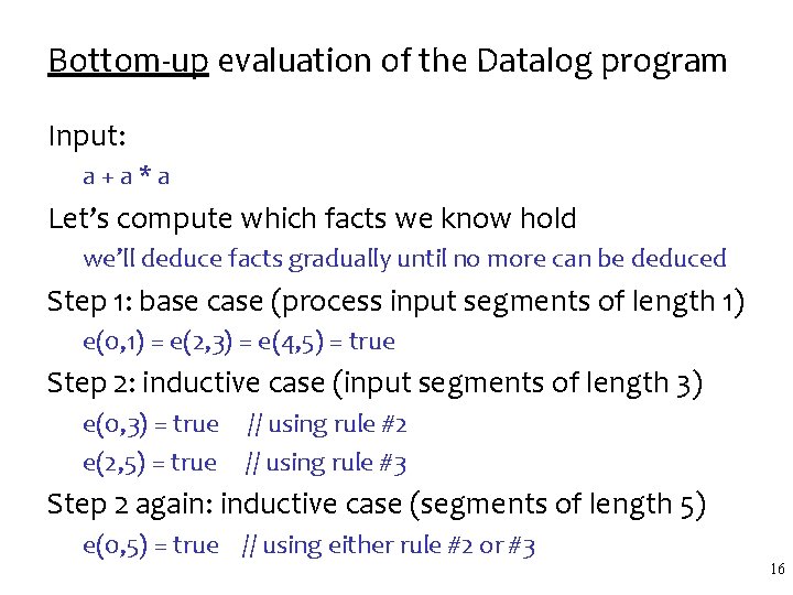 Bottom-up evaluation of the Datalog program Input: a+a*a Let’s compute which facts we know