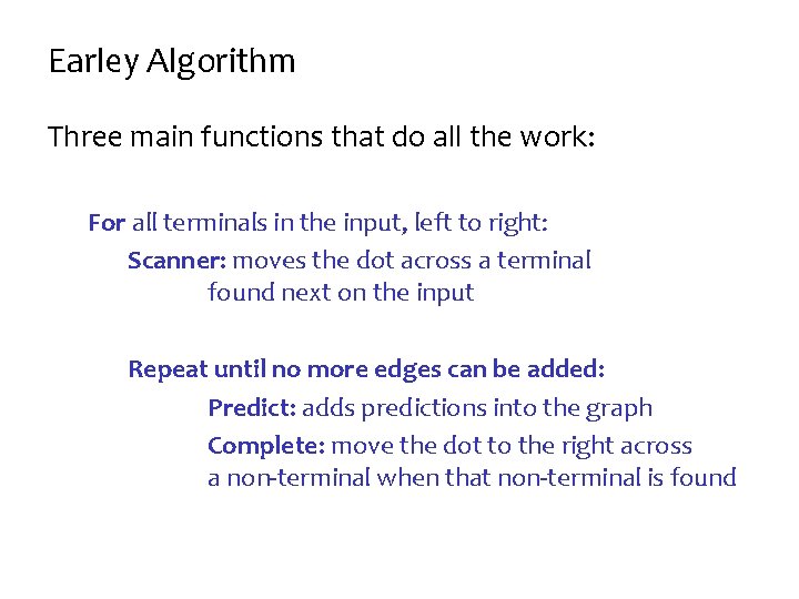 Earley Algorithm Three main functions that do all the work: For all terminals in