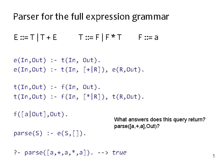 Parser for the full expression grammar E : : = T | T +