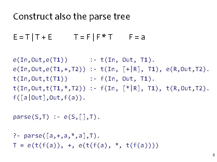 Construct also the parse tree E=T|T+E T=F|F*T e(In, Out, e(T 1)) e(In, Out, e(T