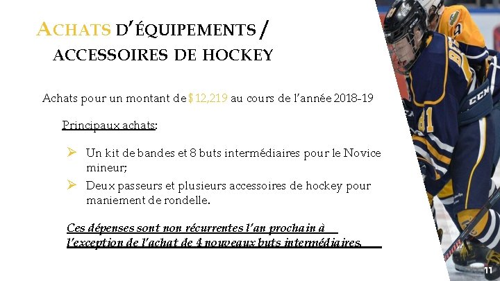 ACHATS D’ÉQUIPEMENTS / ACCESSOIRES DE HOCKEY Achats pour un montant de $12, 219 au