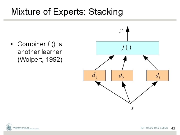 Mixture of Experts: Stacking • Combiner f () is another learner (Wolpert, 1992) 43