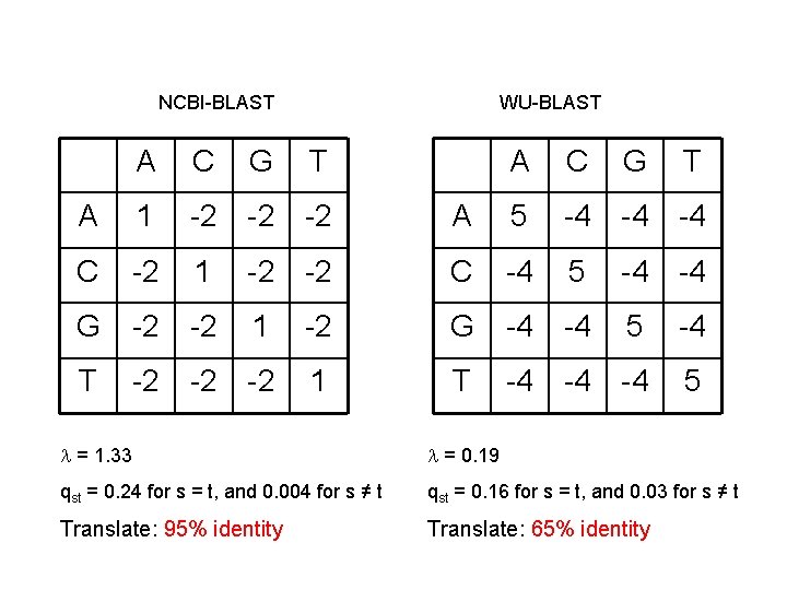 NCBI-BLAST G WU-BLAST A C A 1 -2 -2 -2 C -2 1 G