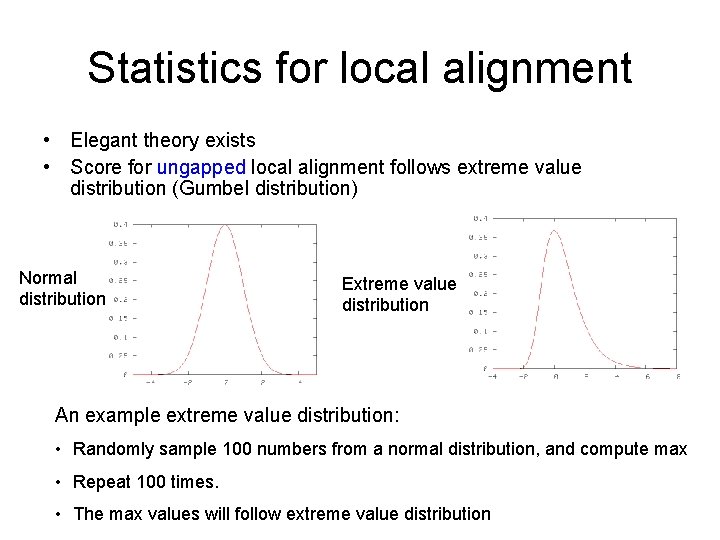 Statistics for local alignment • Elegant theory exists • Score for ungapped local alignment