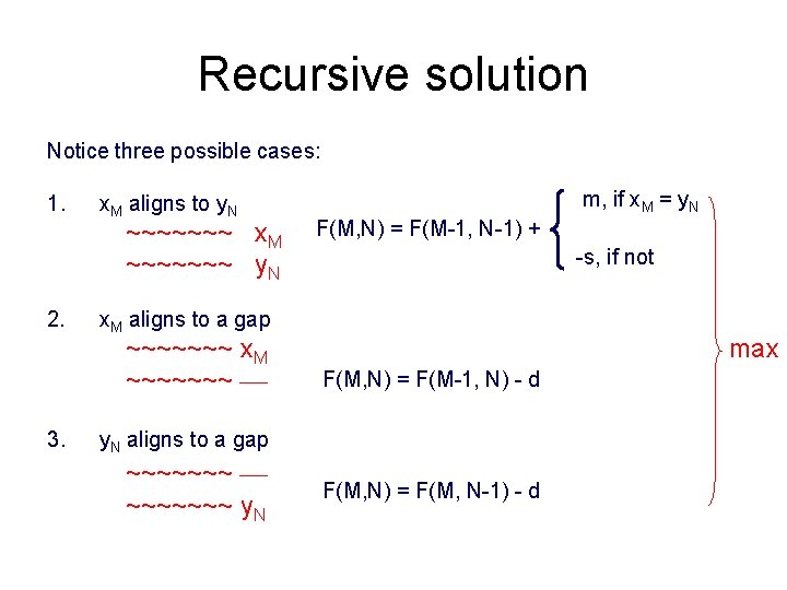 Recursive solution Notice three possible cases: 1. x. M aligns to y. N ~~~~~~~