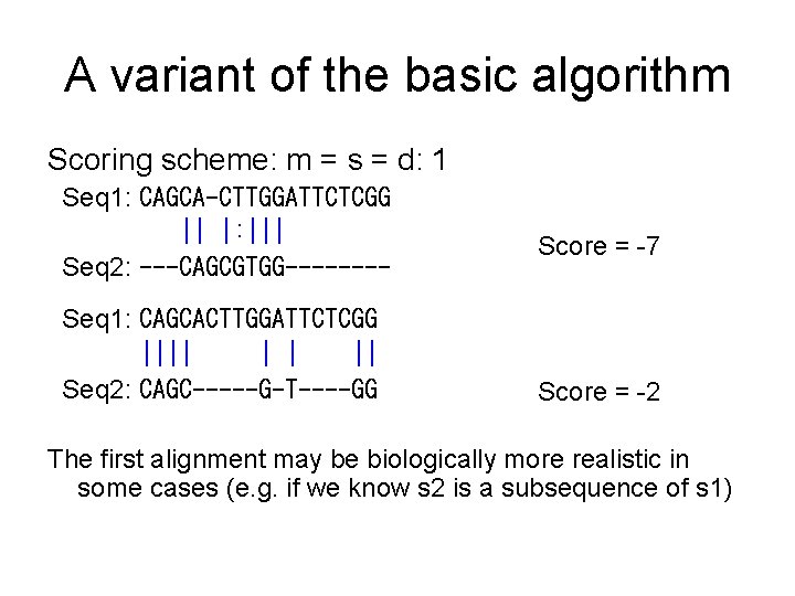 A variant of the basic algorithm Scoring scheme: m = s = d: 1