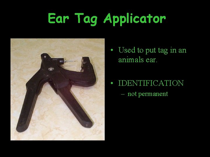 Ear Tag Applicator • Used to put tag in an animals ear. • IDENTIFICATION