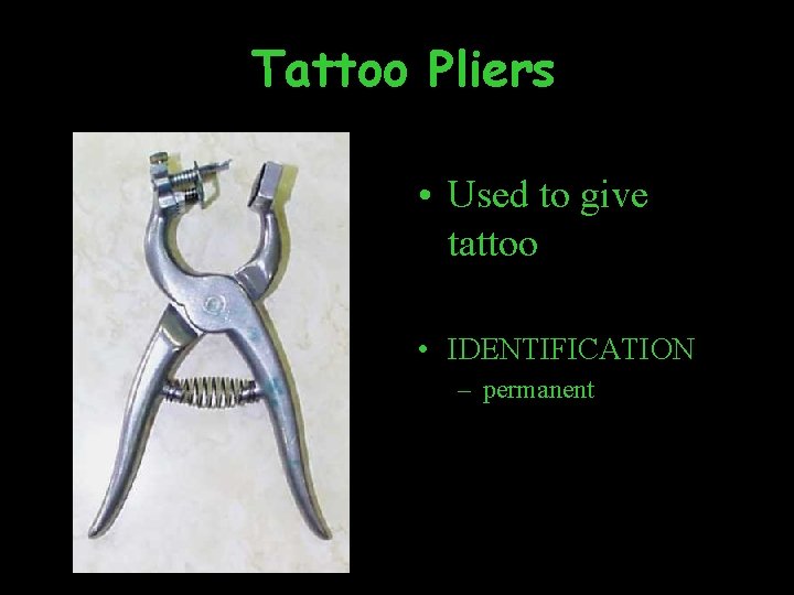 Tattoo Pliers • Used to give tattoo • IDENTIFICATION – permanent 