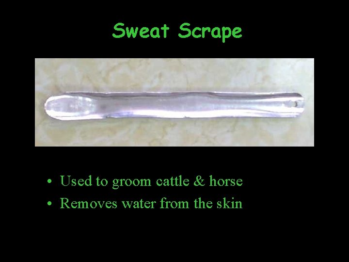 Sweat Scrape • Used to groom cattle & horse • Removes water from the