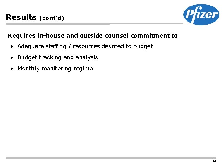 Results (cont’d) Requires in-house and outside counsel commitment to: • Adequate staffing / resources