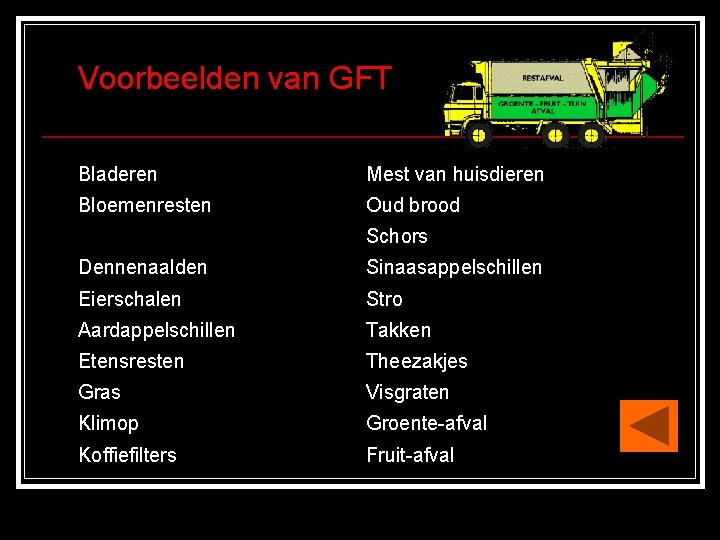 Voorbeelden van GFT Bladeren Mest van huisdieren Bloemenresten Oud brood Schors Dennenaalden Sinaasappelschillen Eierschalen