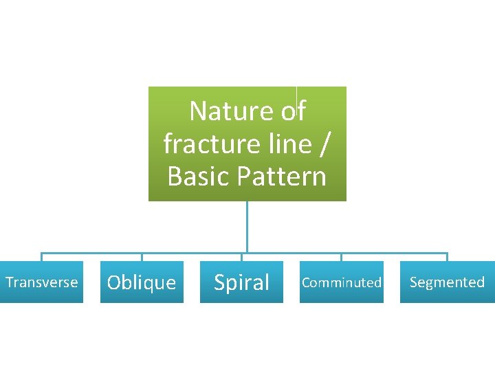 Nature of fracture line / Basic Pattern Transverse Oblique Spiral Comminuted Segmented 