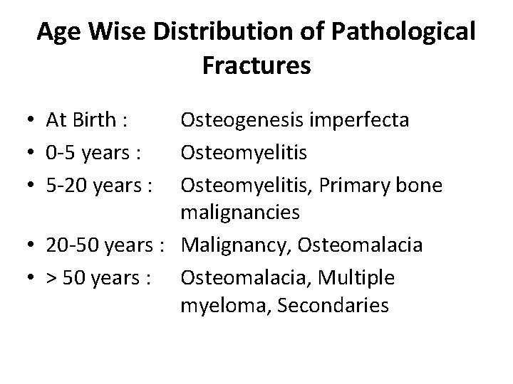 Age Wise Distribution of Pathological Fractures • At Birth : • 0 -5 years