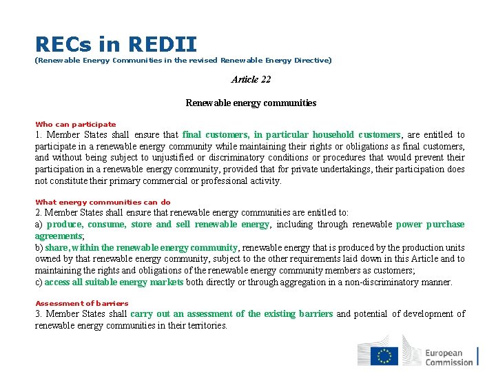 RECs in REDII (Renewable Energy Communities in the revised Renewable Energy Directive) Article 22