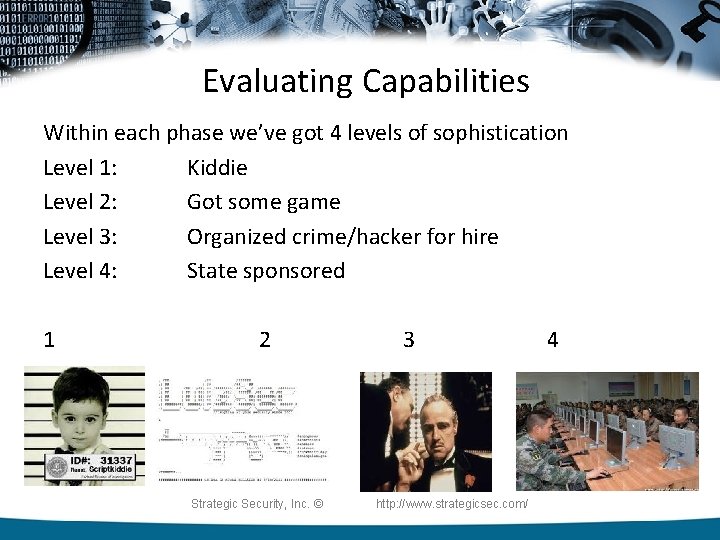 Evaluating Capabilities Within each phase we’ve got 4 levels of sophistication Level 1: Kiddie