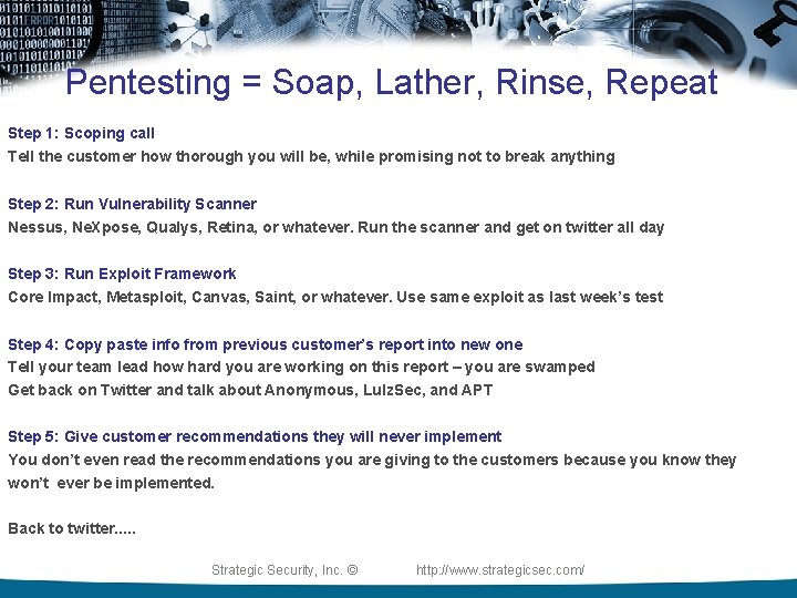 Pentesting = Soap, Lather, Rinse, Repeat Step 1: Scoping call Tell the customer how