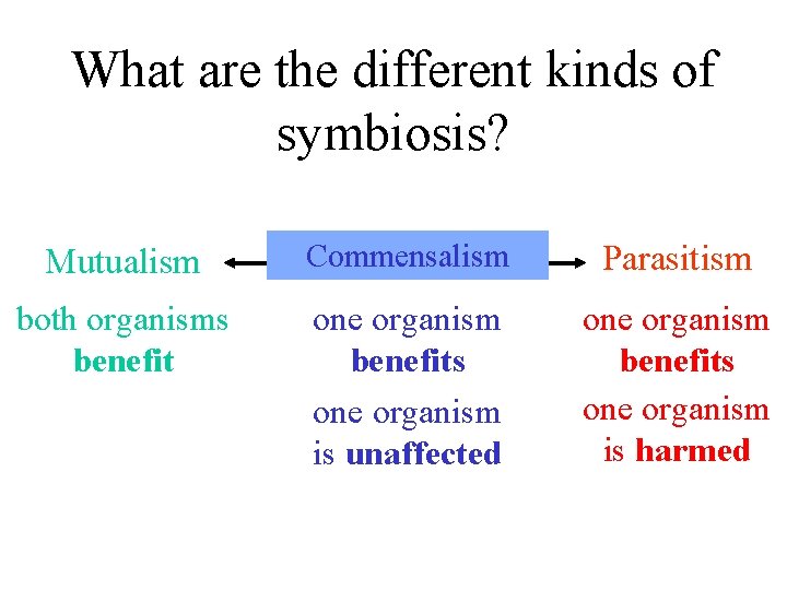 What are the different kinds of symbiosis? Mutualism Commensalism Parasitism both organisms benefit one