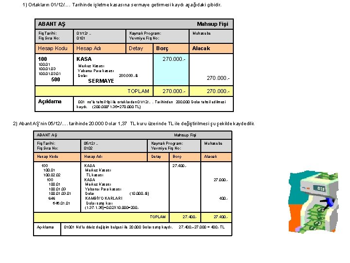 1) Ortakların 01/12/…. Tarihinde işletme kasasına sermaye getirmesi kaydı aşağıdaki gibidir. ABANT AŞ Mahsup