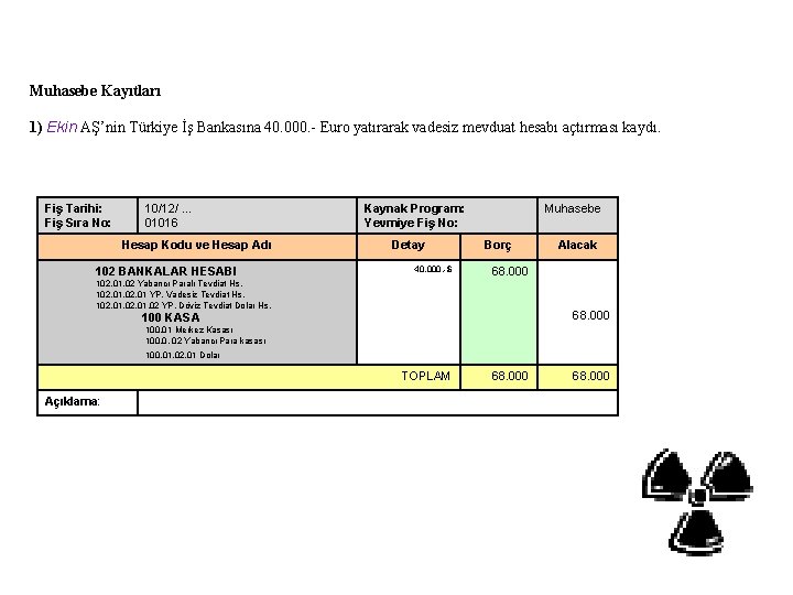 Muhasebe Kayıtları 1) Ekin AŞ’nin Türkiye İş Bankasına 40. 000. - Euro yatırarak vadesiz