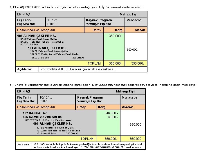 4) Ekin AŞ. 03. 01. 2006 tarihinde portföyünde bulundurduğu çeki T. İş Bankasına tahsile