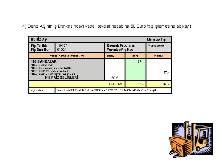 4) Deniz AŞ’nin İş Bankasındaki vadeli tevdiat hesabına 50 Euro faiz işlemesine ait kayıt.