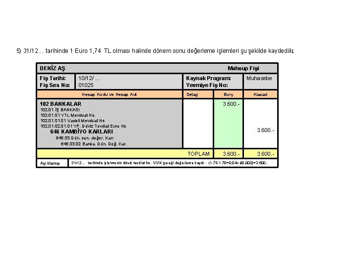 5) 31/12… tarihinde 1 Euro 1, 74 TL olması halinde dönem sonu değerleme işlemleri