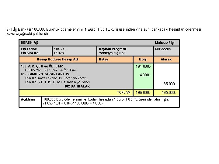 3) T. İş Bankası 100, 000 Euro’luk ödeme emrini; 1 Euro=1. 65 TL kuru