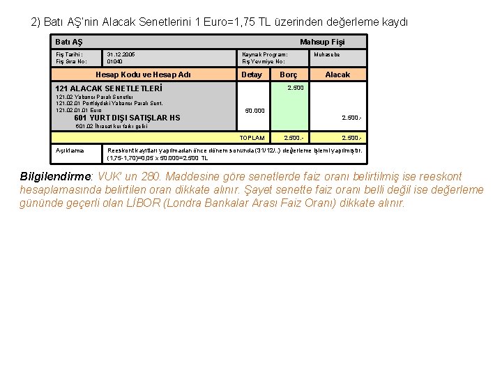 2) Batı AŞ’nin Alacak Senetlerini 1 Euro=1, 75 TL üzerinden değerleme kaydı Batı AŞ