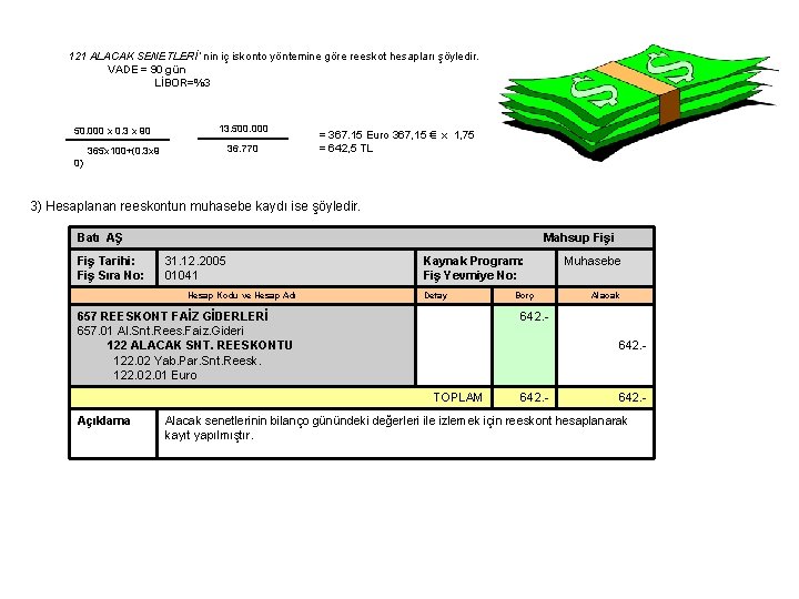 121 ALACAK SENETLERİ’ nin iç iskonto yöntemine göre reeskot hesapları şöyledir. VADE = 90