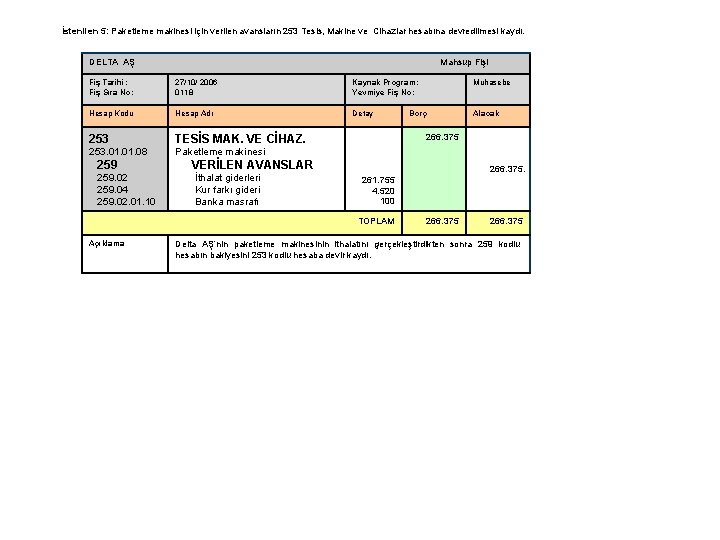 İstenilen 5: Paketleme makinesi için verilen avansların 253 Tesis, Makine ve Cihazlar hesabına devredilmesi
