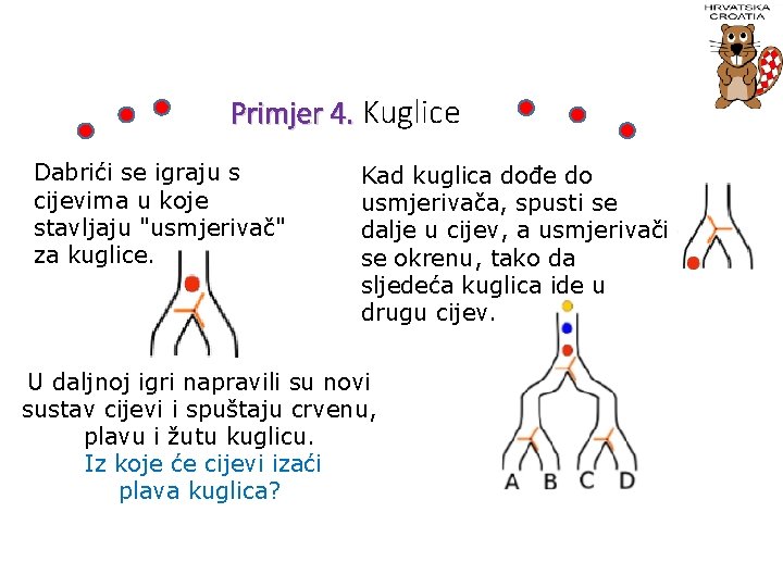 Primjer 4. Kuglice Dabrići se igraju s cijevima u koje stavljaju "usmjerivač" za kuglice.