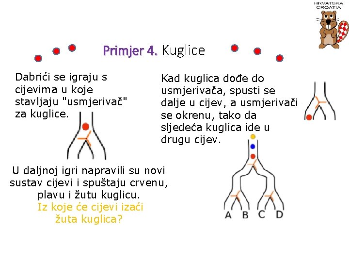 Primjer 4. Kuglice Dabrići se igraju s cijevima u koje stavljaju "usmjerivač" za kuglice.