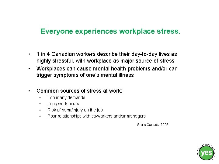 Everyone experiences workplace stress. • • • 1 in 4 Canadian workers describe their