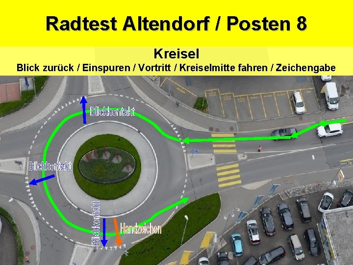 Radtest Altendorf / Posten 8 Sicherheitsdepartement Kantonspolizei Kreisel Blick zurück / Einspuren / Vortritt