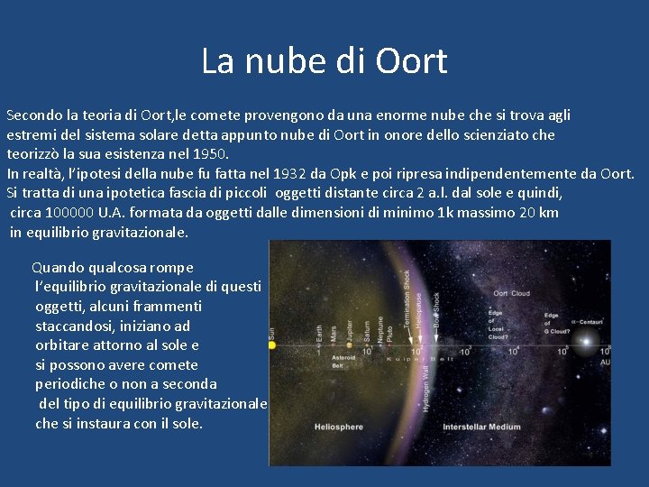 La nube di Oort Secondo la teoria di Oort, le comete provengono da una