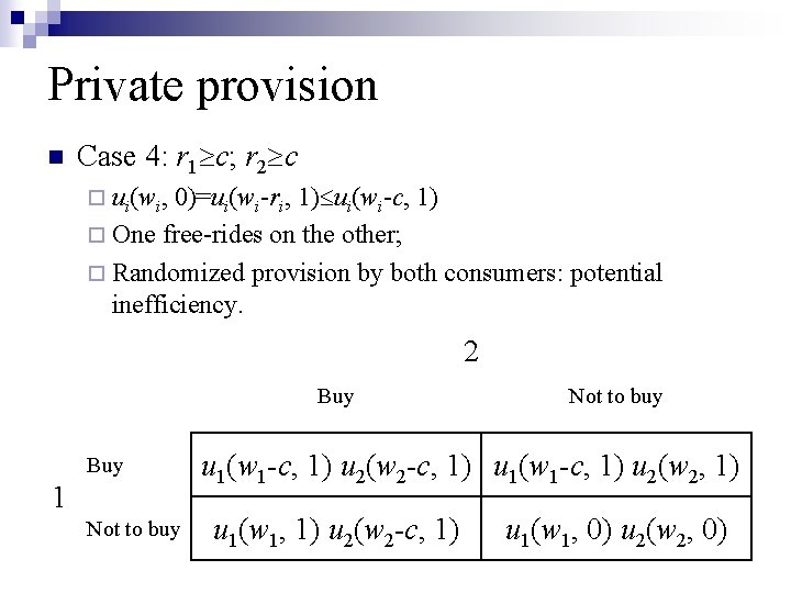 Private provision n Case 4: r 1 c; r 2 c ¨ ui(wi, 0)=ui(wi-ri,