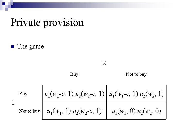 Private provision n The game 2 Buy 1 Not to buy u 1(w 1