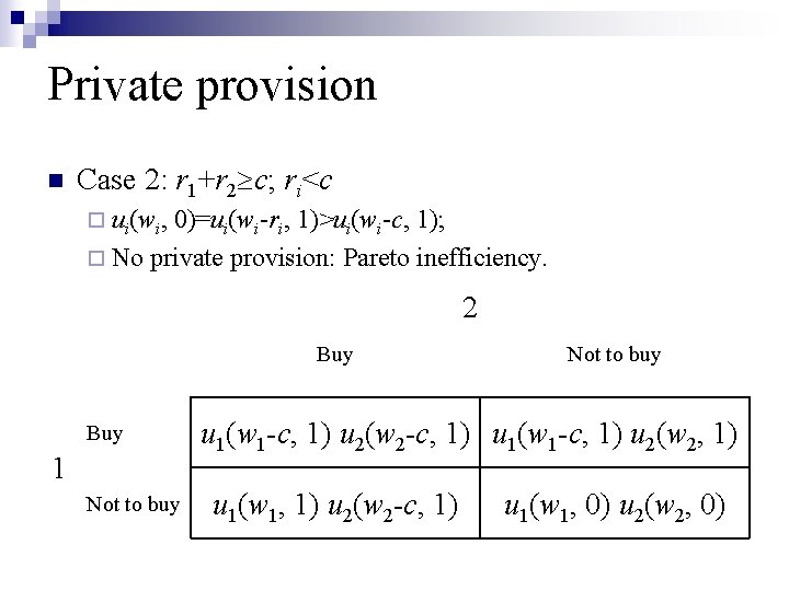 Private provision n Case 2: r 1+r 2 c; ri<c ¨ ui(wi, 0)=ui(wi-ri, 1)>ui(wi-c,