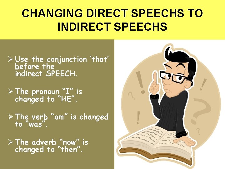 CHANGING DIRECT SPEECHS TO INDIRECT SPEECHS Ø Use the conjunction ‘that’ before the indirect