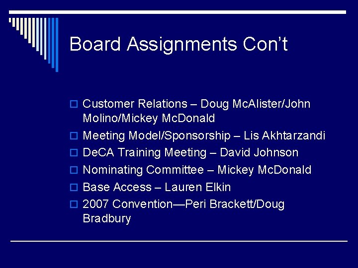 Board Assignments Con’t o Customer Relations – Doug Mc. Alister/John o o o Molino/Mickey