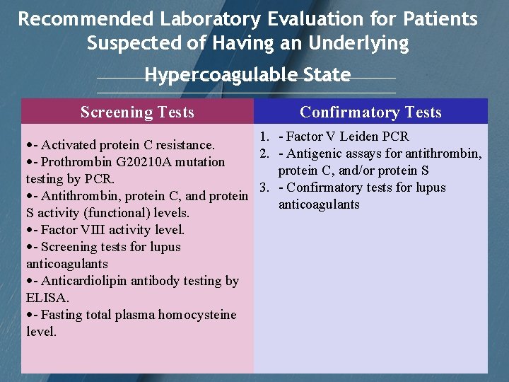 Recommended Laboratory Evaluation for Patients Suspected of Having an Underlying Hypercoagulable State Screening Tests