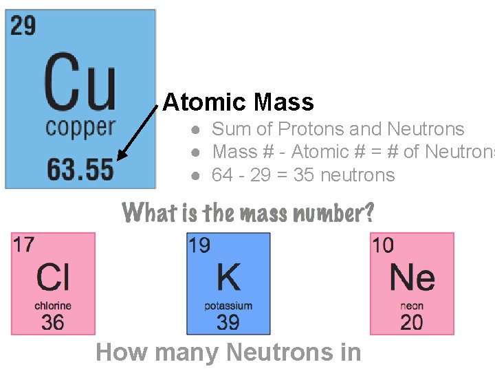 Atomic Mass ● Sum of Protons and Neutrons ● Mass # - Atomic #