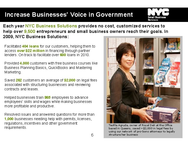 Increase Businesses’ Voice in Government Each year NYC Business Solutions provides no cost, customized