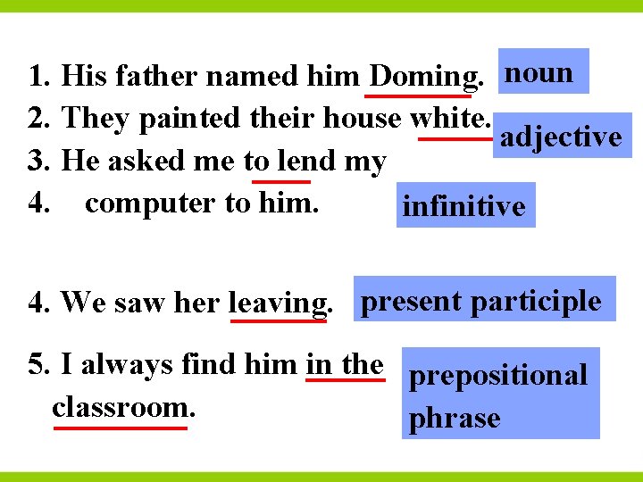 1. His father named him Doming. noun 2. They painted their house white. adjective
