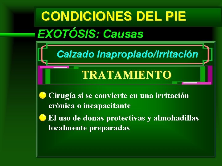 CONDICIONES DEL PIE EXOTÓSIS: Causas Calzado Inapropiado/Irritación TRATAMIENTO Cirugía si se convierte en una