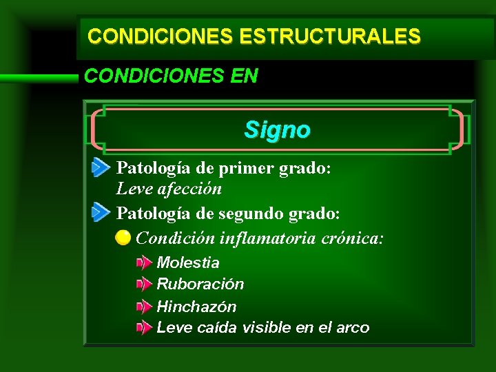 CONDICIONES ESTRUCTURALES CONDICIONES EN Signo Patología de primer grado: Leve afección Patología de segundo