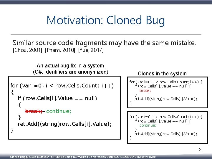 Motivation: Cloned Bug Similar source code fragments may have the same mistake. [Chou, 2001],