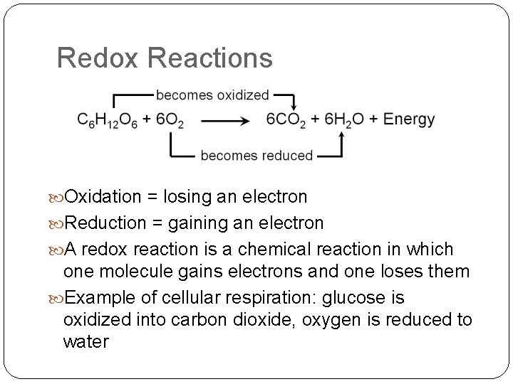 Redox Reactions Oxidation = losing an electron Reduction = gaining an electron A redox