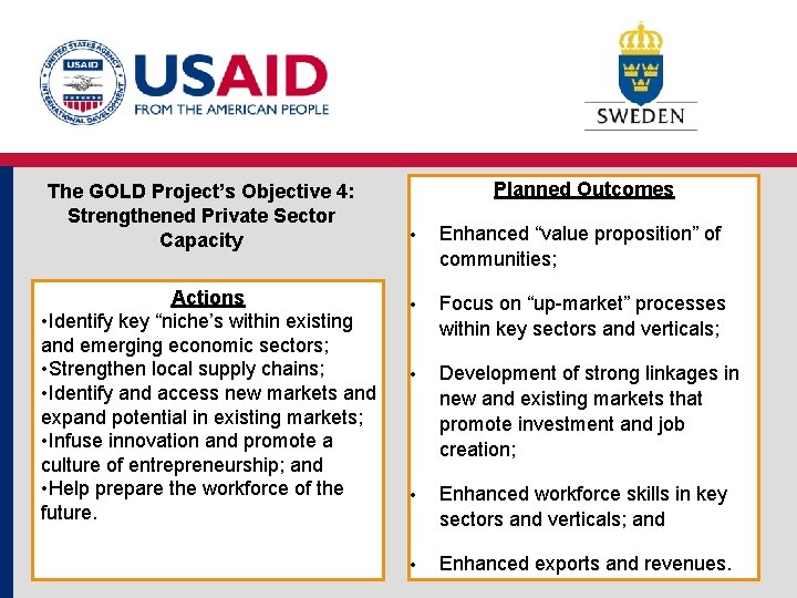 The GOLD Project’s Objective 4: Strengthened Private Sector Capacity Actions • Identify key “niche’s